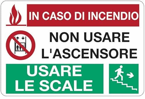 In caso di incendio non usare l'ascensore usare le scale - CARTELLO SEGNALETICO ISO 7010 in Adesivo Resistente, Pannello in Forex o Pannello In Alluminio (ADESIVO 10X15 CM)