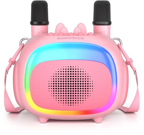 SUDOTACK Mini Karaoke Machine for Kids, Portable Bluetooth Karaoke Speaker with 2 Wilreless Microphones with LED Lights, Christamas Kids Gifts for Girls 4, 5, 6, 7, 8, 9, 10 +Year Old-Pink(KM100)