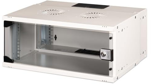 DIGITUS Armario de Red - Rack de 19 4 U - sin Montar - Montaje en Pared - 400 mm de Profundidad - 319,25 mm de Profundidad útil - Capacidad de Carga 60 kg - Puerta de Cristal - Serie Soho Pro - Gris