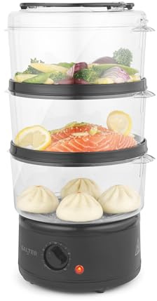 Salter Kuro 3-Tier Food Steamer – 7.5 L, Electric Vegetable Steamer, 60 Min Timer, 600ml Rice Bowl, 3 Steam Baskets, Healthy Nutrient Cooking, Simultaneous, Collapsible, Easy Store, Black EK6351MBLK