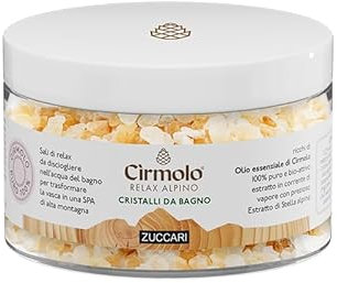 Zuccari Cristalli da Bagno Cirmolo Relax Alpino, 250g, Sali da Bagno con Olio Essenziale di Cirmolo Puro ed Estratto di Stella Alpina, Azione Tonificante e Rilassante, Ideali per Pelli Sensibili