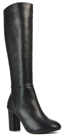 Women's Heeled Boots Ladies Black Synthetic Leather Knee High Block Mid Classic Booties Size 3-8