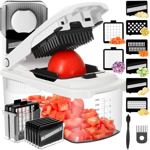 Ourokhome Vegetable Chopper with Container, Multifunctional Food Chopper Veggie Dicer Mandolin Slicer with 8 Blades for Potato, Tomato, Carrot, Essential Kitchen Gadgets (8 in 1, White)