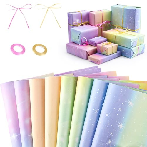 Kecanmater Juego de papel de regalo de cumpleaños, 8 hojas, 70 x 50 cm, arco iris, gradiente de color, papel de regalo para niños con 2 rollos de cinta de raso, papel de regalo para cumpleaños