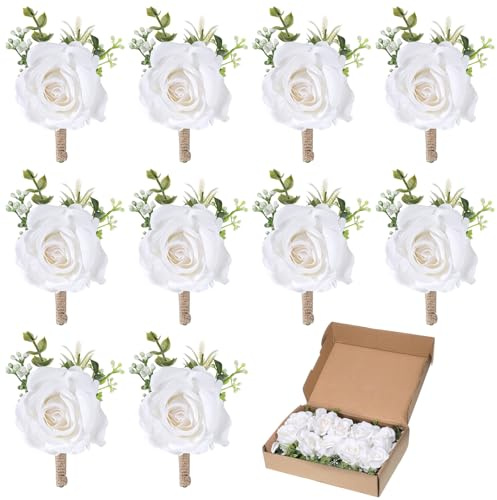 Apausvcm 10Pcs White Rose Boutonnieres for Men, Groom Groomsmen Artificial Flowers Boutonniere Pocket Boutonniere Corsages for Wedding Ceremony Anniversary Prom Formal Dinner Party