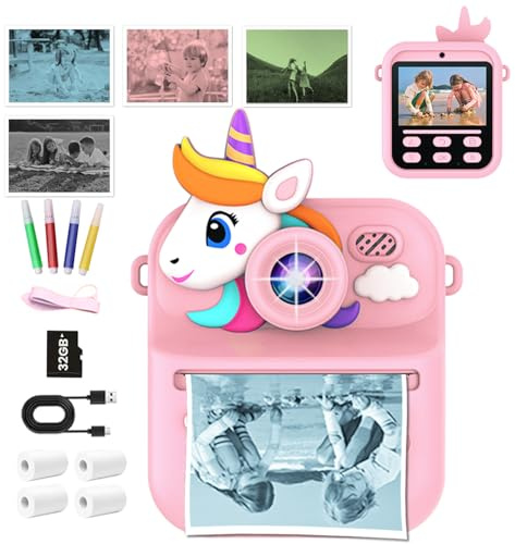 TEKXDD Kids Instant Print Selfie Camera for Girls -Macchina Fotografica Istantanea Bambini, 2.4 Pollici Macchina Fotografica Bambini, con 3 Rotoli Stampa Digitale e Penne Colorate, 32GB TF Scheda
