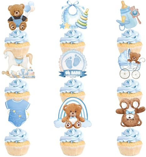 VARACL 36 st Oh Baby Cupcake topper Baby Shower Boy Cupcake Toppers, Napp Haklapp Matning Flaska Björn Det är en Pojke Tårta Dekoration för Baby Shower Barn Pojkar Födelsedagstillbehör Blå