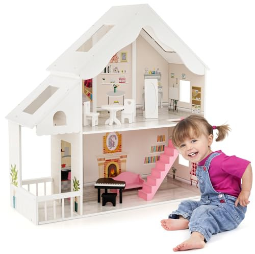 HOMASIS Casa de Muñecas de 2 Niveles, Villa de Ensueño de Madera con Accesorios para Muebles, Juguete Educativo para Niños a Partir de 3 Años, 81 x 30 x 86 cm
