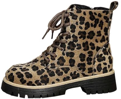 Generisch Elegante botas de invierno retro con cordones de leopardo con tacón grueso para zapatos cálidos y antideslizantes para exteriores, marrón, 39 EU