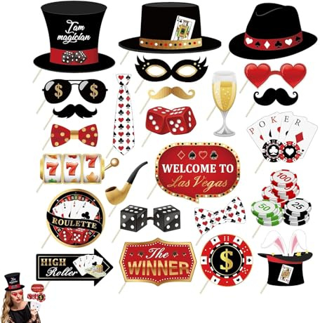 Las Vegas - 25 accessori decorativi per foto – Casino decorativo per foto con barba, labbra e occhiali, perfetto per feste di Las Vegas Party, Casino Royal Theme Night Party & Fotoshooting Accessori