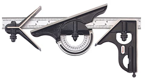 Starrett Combination Set with Square, Center and Reversible Protractor Head and Blade - 12 Blade Length, Forged and Hardened Steel Heads, 4R Graduation Type - C434-12-4R
