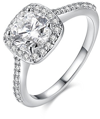 925 Sterling Silver Cushion Cut Cubic Zirconia Halo Solitaire Engagement Rings for Women,Platinum Plated,Wedding Rings,Size 8,LJ074