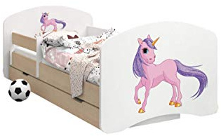 HappyBabies - Doppelseitiges Kinderbett MIT SCHUBLADE Modernes Design mit sicheren Kanten und Absturzsicherung Schaumstoffmatratze 7 cm Leichte Birne (Einhorn, 190/90)