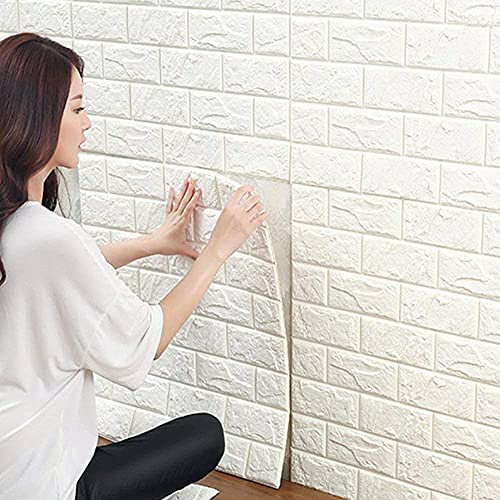 TOFFCAEA 10 PCS 3D Brick Wallpaper, 13×15’’ DIY Self Adhesive Wall Tiles, Waterproof,Masonry Effect, Home Decoration, 3D Wall Panel,Suitable for Kitchen, Bathroom, Living Room (10PCS 13×15’’, White)