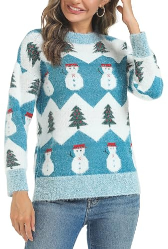 Marvmys Pull de Noël pour Femme Chandail Pull Femme Hiver Chaud Pullover Tops Pull à Manches Longue Bleu-B L