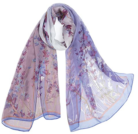 E-Clover Women's Floral Scarves: Flowers Printed Scarf Sheer Chiffon Shawl for Summer Fall Purple Floral Lavender