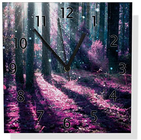 Wallario Design Wanduhr Fantasie im Wald - Pinke Blumen in der Sonne aus Aluverbund, Alu-Uhr Größe 30 x 30 cm, Schwarze Zeiger mit Metalloptik