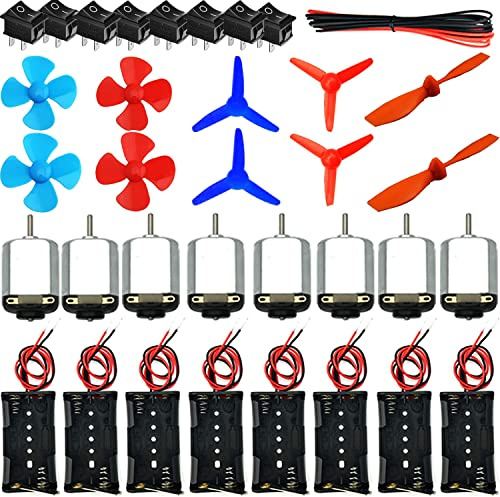 RUNCCI-YUN 8 Set DC Motor Kit,1.5-3V 15000-16500RPM RPM Mini Motor +8pcs AA Battery Holder +8pcsMini Fan Leaf + 8pcs Boat Rocker Switch+1.0 Cable -for DIY Science Projects(130 dc motor)