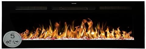 Mystflame Galaxy 50 Pro Wi-Fi - Camino Elettrico da Parete con 13 Colori di Fiamma e Luce Inferiore, Letto di Combustibile in Legno e Cristallo, Termostato da 750/1500 W, Telecomando e Touchscreen