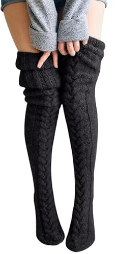 BFACCIA Chaussettes Montantes Femme Laine Tricot Chaud Câble Cuisse Socks Haute Moelleuses Automne Hiver Mode Longue Bottes Chaussett Couleur Unie Filles Cadeau de Noël