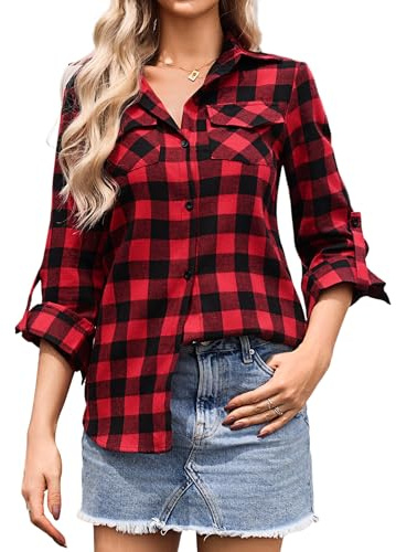 Aottori Blouse Femme Automne Col Chemise Manches Longues Casual Rouge XXL