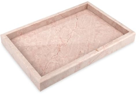 Bandeja Baño Bandeja Mármol Natural Rectangular Antideslizante Bandejas Decorativa para Cosmético, Salón, Dormitorio, Joyas, Velas, Jabón, Toalla (Rosa, 30 x 20 x 3 cm)