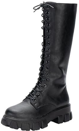 Botas altas hasta la rodilla con cordones para mujer, botas de combate con parte inferior gruesa, botas largas de plataforma sin cordones, botas de cuero impermeables, color sólido, cremallera