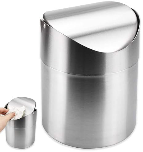 FEADBYT Tischmülleimer mit Deckel, Mini Edelstahl Tischabfalleimer, Papierkorb Desktop, 1,2L Schwingdeckeleimer Kosmetikeimer, Tischmülleimer für Zuhause Büro Waschtisch (Silber)