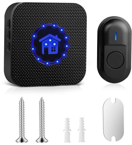 Romon Sonnette sans Fil Exterieur Etanche, kit de Sonnette sans Fil de Porte d'entrée avec 1 récepteur Plug-in et 1 émetteur 5 Niveaux de Volume, 55 mélodies, Noir