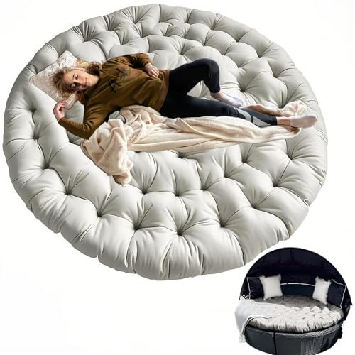 ZOALXZNT 66in Outdoor Round Daybed Cushion,Round Floor Seating Futon Pad,Circle Sun Island Sunbed Mattress Waterproof,Patio Day Bed Replacement Cushions (White, 66 * 6in)