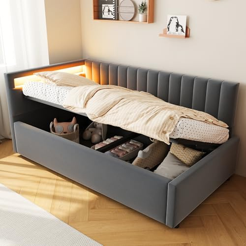 Polsterbett Schlafsofa Einzelbett 90x200, Jugendbett Hydraulisch Stauraumbett mit Stauraum&Lattenrost&LED Kopfteil, Kinderbett Tagesbett Funktionsbett Bettgestell, Samtstoff, Ohne Matratze, Grau