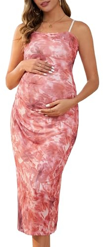 MARI GABRIEL Women Maternity Dress Mesh Ruched Side Bodycon Spaghetti Strap Pregnancy Dresses for Wedding Guest Red Floral M