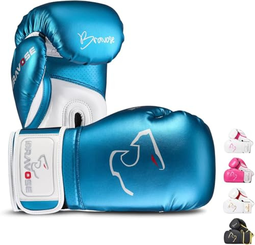BRAVOSE Alpha Strap Boxing Gloves Mens, Women for Entry Level Boxers for Punching Bag Training & Sparring MMA Kick Boxing Muay Thai Made By Premium PU Leather Ventilated Palm (Metallic Bue, 14 Oz)