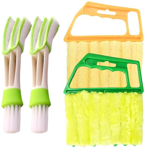 4 Pcs Venetian Blind Cleaner Tool, 2 Pcs Blind Cleaner with 7 Roller System and 2 Pcs Soft Bristle Double-Ended Brush, Reusable Blind Duster Uesd for Wooden Plastic Blinds and Air Conditioner