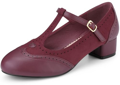 Allegra K Women's T-Strap Mary Jane Ankle Strap Block Heels Pumps, Burgundy, 5.5 UK