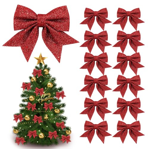 Fiocchi Natalizi Glitterati, 12 Pezzi Fiocchi per Albero di Natale, Nastro Fiocchetti Paillettes, Fioccho Albero di Natale Decorazione con Fascetta Cravatta per Natalizia Festa Regalo (Rosso)