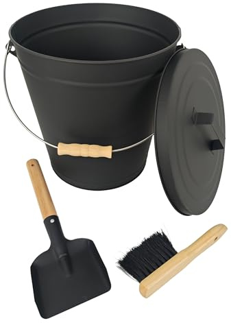 Relaxdays Secchio per Cenere con Coperchio, 20 L, Manico in Legno, Nero/Naturale