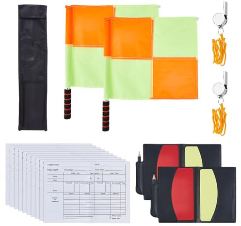 DICOSMETIC Soccer Referee Kit Including 2Pcs Checkered Linesman Soccer Flags with Storage Bag 2 Sets Red Yellow Cards with Notebook and Pencil 2Pcs Stainless Steel Whistles for Football Referees