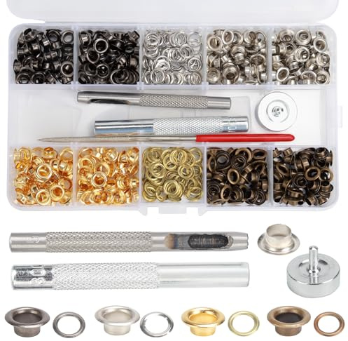 440 Pcs Œillets Métalliques, 5mm Trousse à Oeillets pour Baches, Kit Oeillets Couture, Oeillet de Rondelle Kit pour Bâche Tissu Cuir Tente Chaussures DIY(or, bronze, argent, noir)