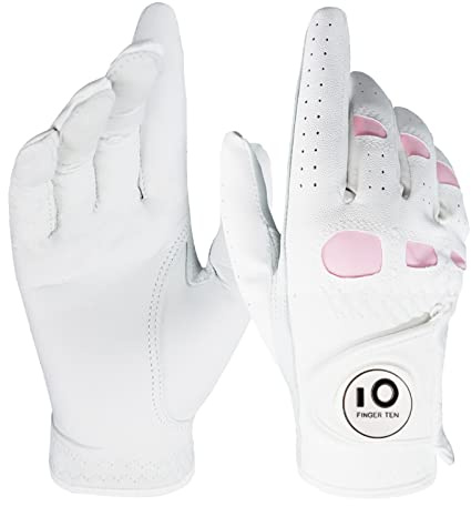 FINGER TEN Women’s Golf Glove Right Hand Left with Ball Marker Leather Grip 1 Pack, Pink Fit Woman Girl, Size Small Medium Large XL (Small, Right)