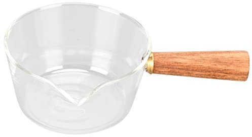 Cazo de Leche de Vidrio de Borosilicato Con Mango de Madera, Olla Con Boca En Forma De V, Tarro Transparente para Cocina de Inducción y Estufa de Gas (400ml)