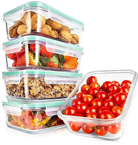 Nutrichef Contenitori Vetro per Alimenti 10 Pezzi (5 Contenitori + 5 Coperchi Ermetici), per Dolci, Verdura, Pomodoro, Frutta, Pasta e Cereali, senza BPA, Resistenti al Freezer/Forno, Verde
