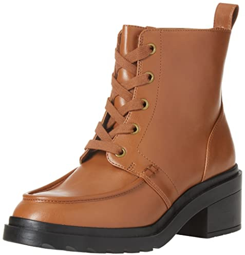 Amazon Essentials Women's Lace Up Moc Toe Combat Boots with Chunky Heel, Black Oxblood, Black Tan, 8
