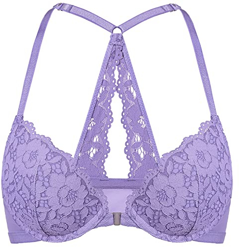 DOBREVA Kvinnors främre stängning BH med bygel Push Up Lace Halter BH Racerback djup urringning vadderad Vattenlilja Lila 75E