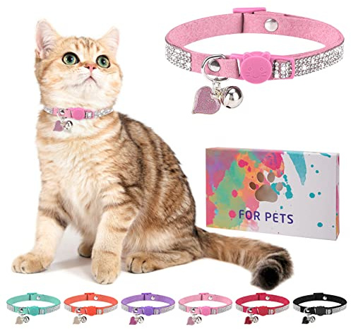 DILLYBUD Rhinestone Cat Collar Breakaway with Bell, Diamond Cat Collar with Safety Buckle Quick Release for Girl Boy Kitten Pets Puppy,Cute Soft Female Male Cat Collars,Valentine's Day Pink 8-12
