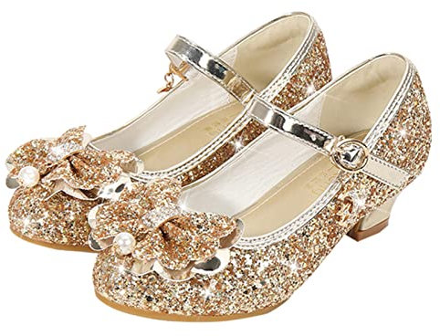 Prinsesskor, flickor, glitter, pumps, rosett, stövlar med paljetter, bröllop, fest, rosett, klänning, skor, uppträdande, dansskor, Elsa, glitter, sandaler, flickor, Mary Jane-skor, Guld, 26 EU