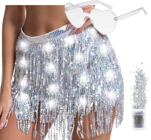 LED Pailletten Rock Damen Bauchtanz Hüfttuch，Glitzer Rock Damen für Halloween Karneval QuastenRock， Glitzerrock Bauchtanz Kostüm Damen und Mädchen (Polyester, Silver)