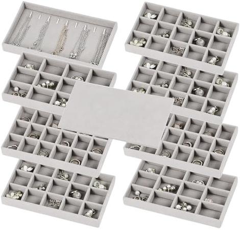 Set of 8 Stackable Jewelry Organizer Trays with 1 Lid for Drawer & Dresser Organizer, Adjustable Velvet Jewelry Box Tray Earring Organizer Necklace Storage Ring Bracelet Display Case (Gray)