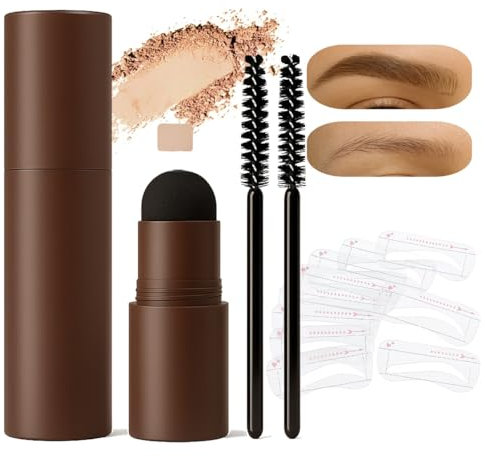 Eyebrow Stamp Stencil Kit – Waterproof Brow Powder with 10 Reusable Shaping Templates and 2 Brushes, Easy to Apply for Shaping, Filling and Defining Natural or Bold Eyebrows (Light brown)