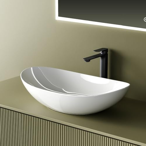 EMKE Lavabo para montar 615 x 360 x 155 mm, Lavabo ovalado de cerámica para baño, instalación sobre encimera, blanco brillante, lavabo para baño y WC de invitados